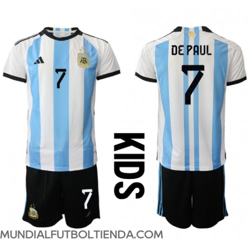 Camiseta Argentina Rodrigo de Paul #7 Primera Equipación Replica Mundial 2022 para niños mangas cortas (+ Pantalones cortos)